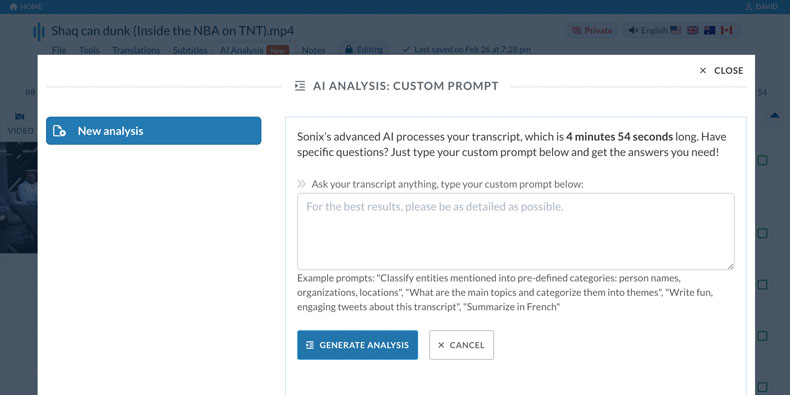 Custom AI prompts for analysis