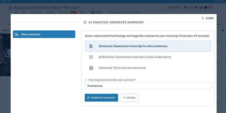 AI-generated summaries in Sonix
