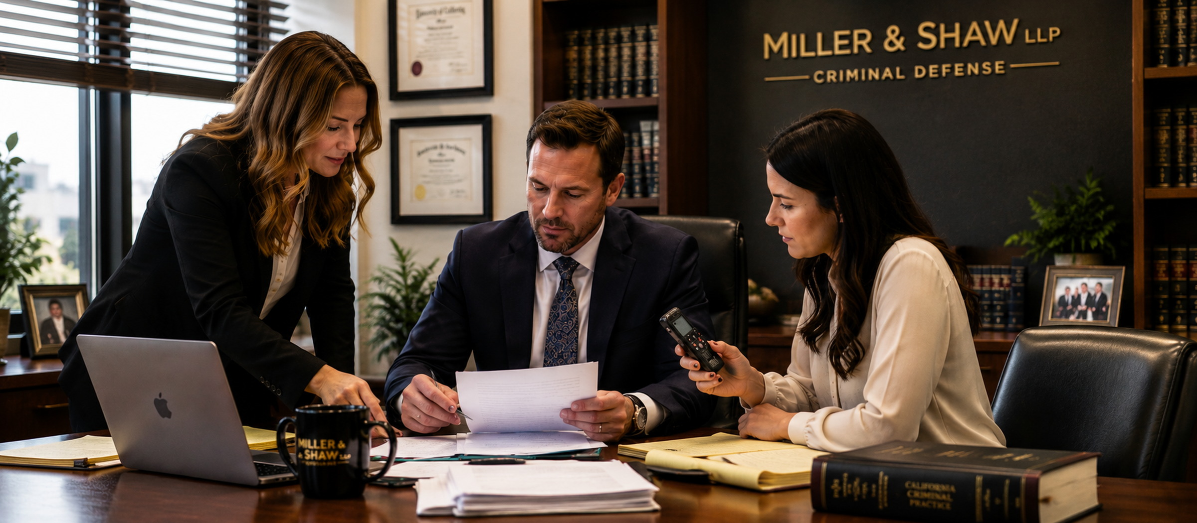 Criminal defense legal team reviewing transcripts and evidence in Sonix