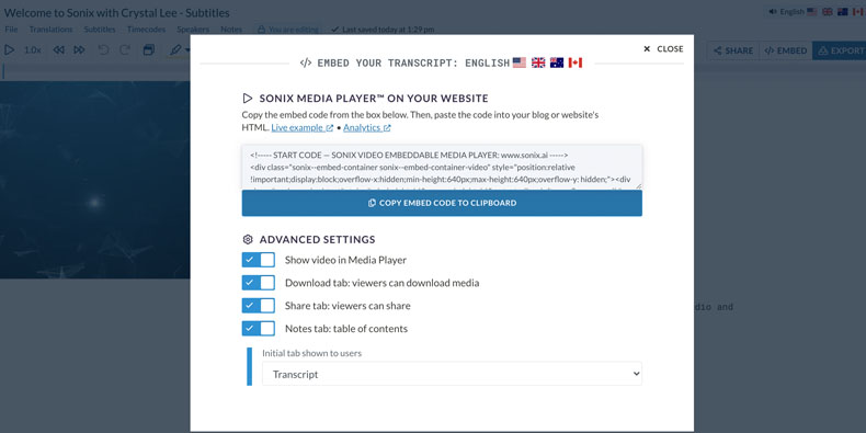Searchable transcript media player