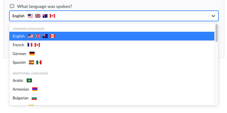 Sonix language selection showing 54+ supported languages