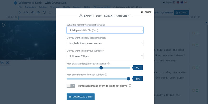 Subtitle export format options: SRT, VTT, FCPXML