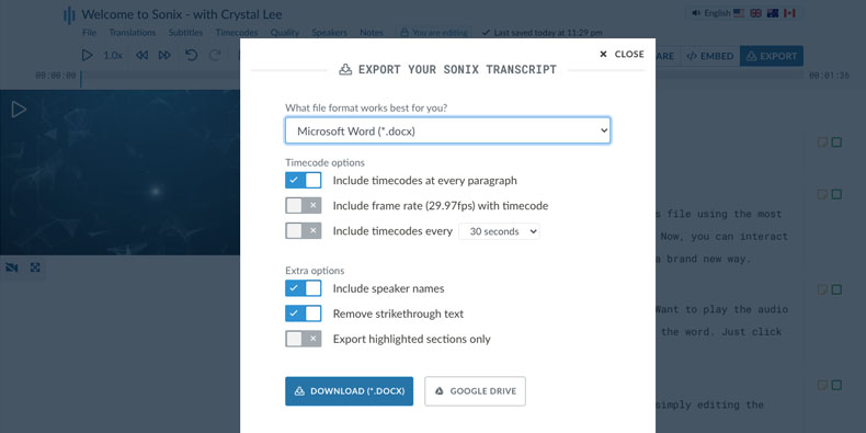 Text export options in Sonix: DOCX, TXT, PDF
