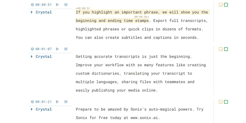Word-by-word timestamps in Sonix transcript